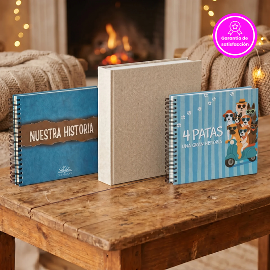 Pack Historias de Nuestro Hogar 🐣❤️‍🩹🐾: álbum para parejas "Nuestra historia" + álbum de bebés artesanal 0-18 años + álbum para perritos